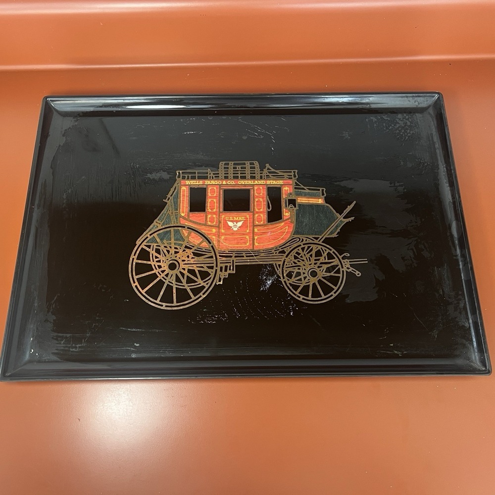 Vtg Couroc "Wells Fargo Overland Stage Inlay" Black  Bar Black Serving Tray CA